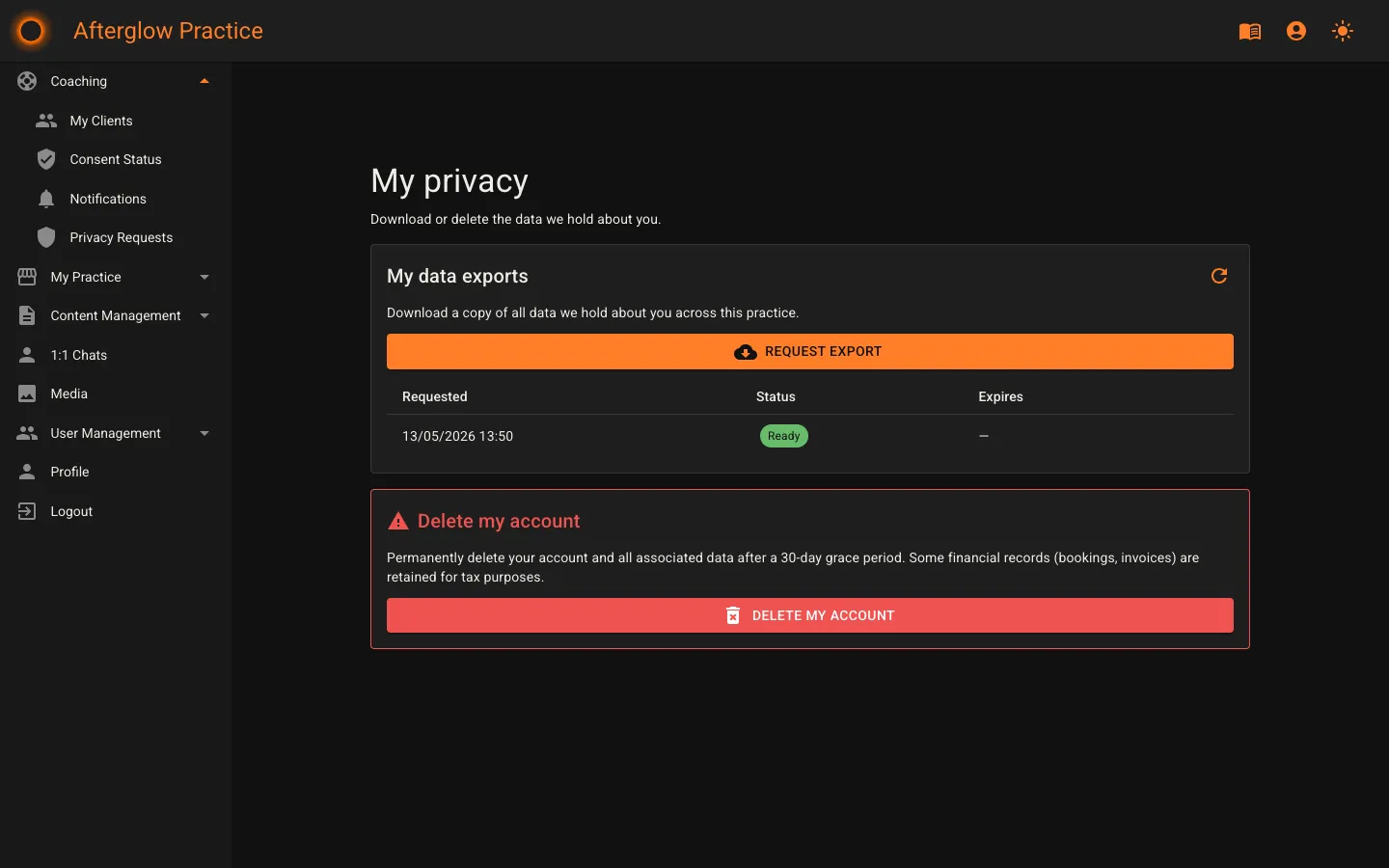 Account privacy page with My Exports and Delete My Account sections
