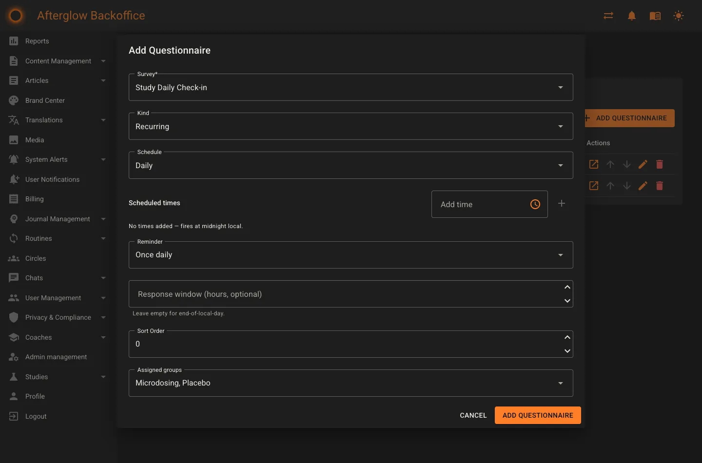 The Add questionnaire dialog with survey, kind, schedule, reminder and assigned-groups fields.