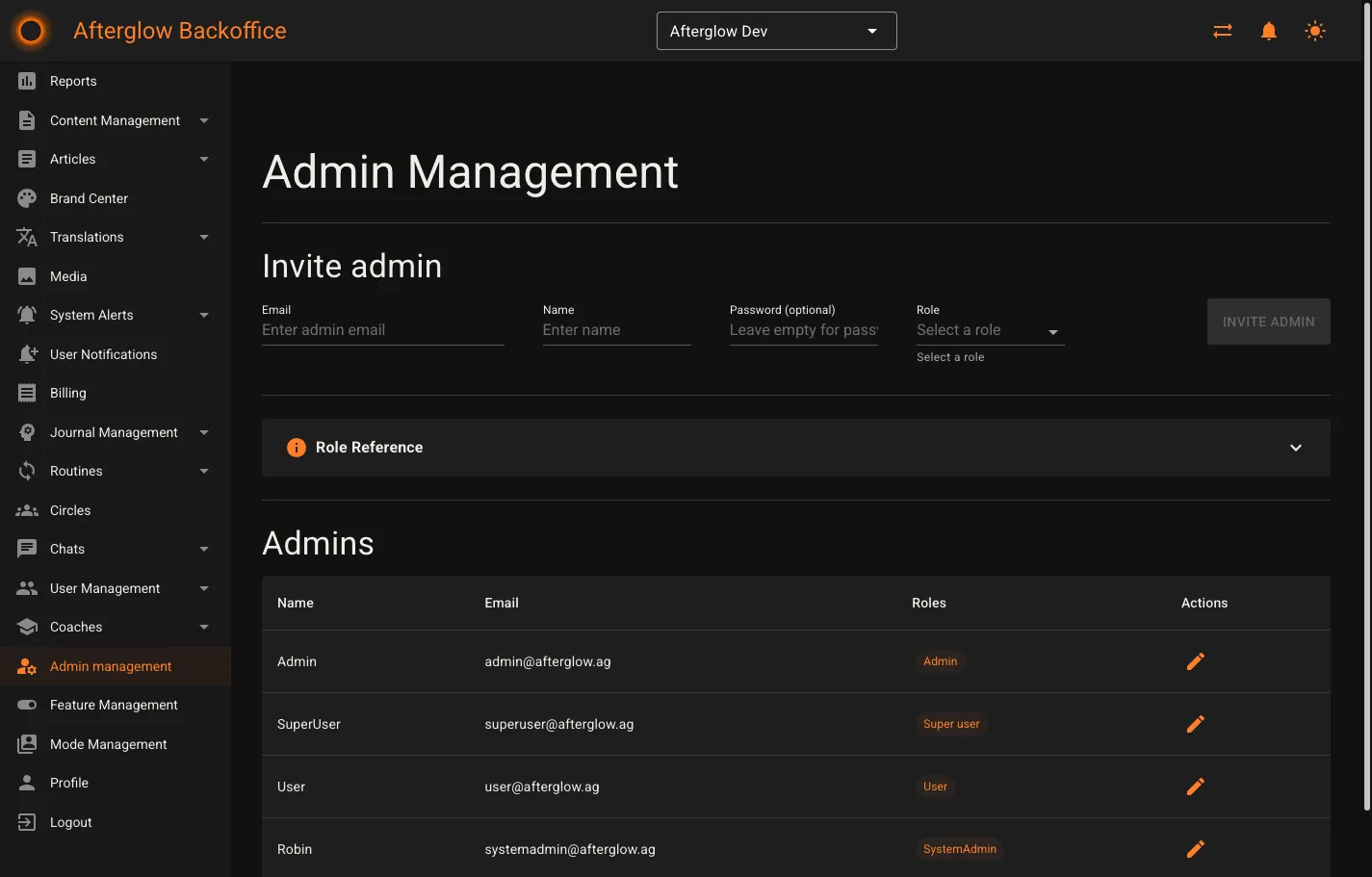 The Admin Management page showing the invite form, role reference, and admins table.
