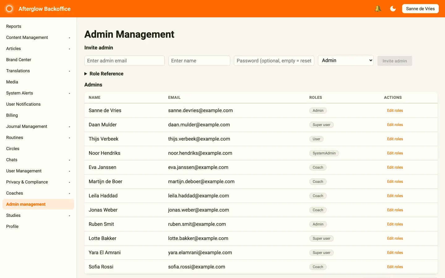The Admin Management page showing the invite form, role reference, and admins table.