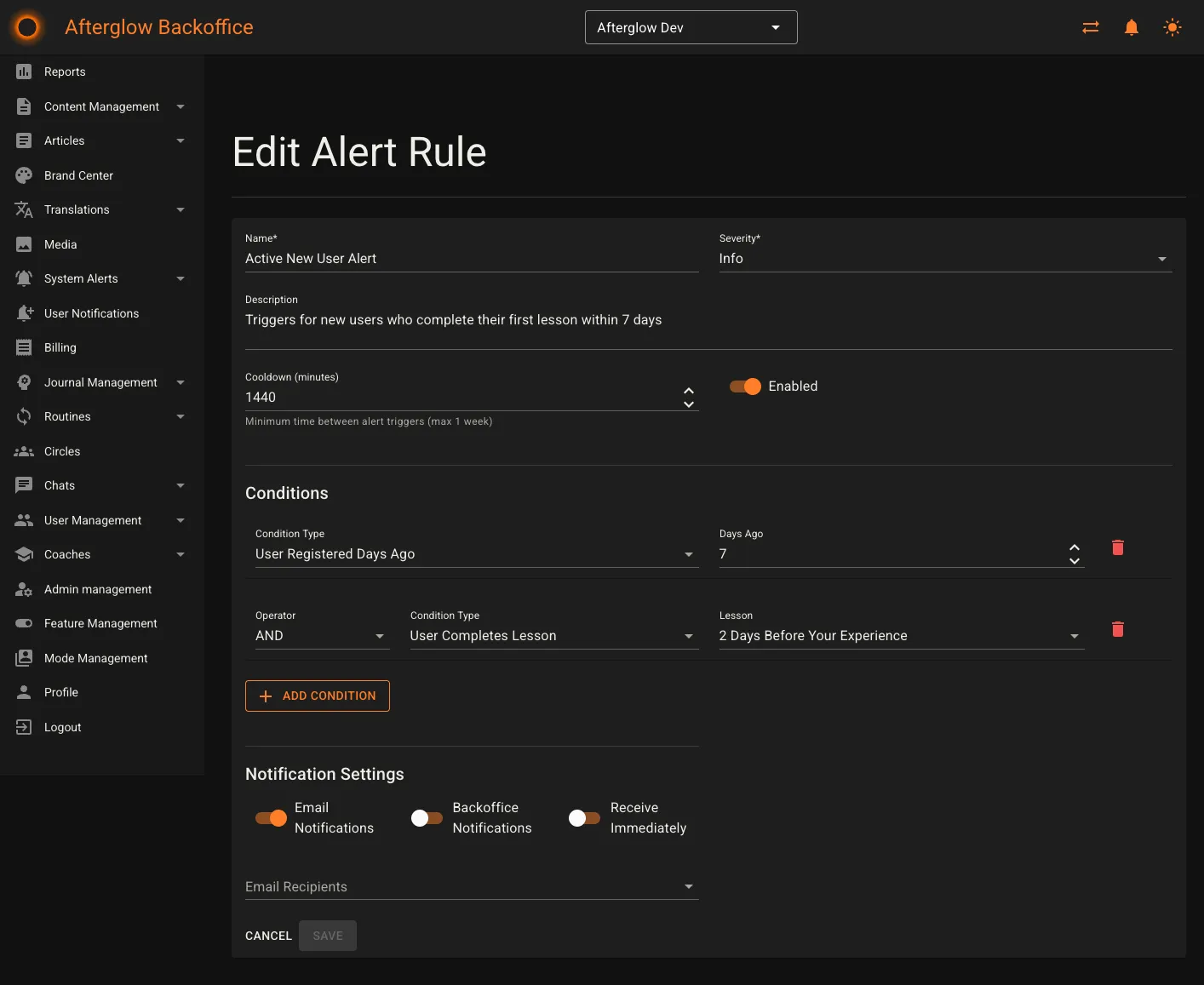 Alert rule editor showing conditions and notification settings