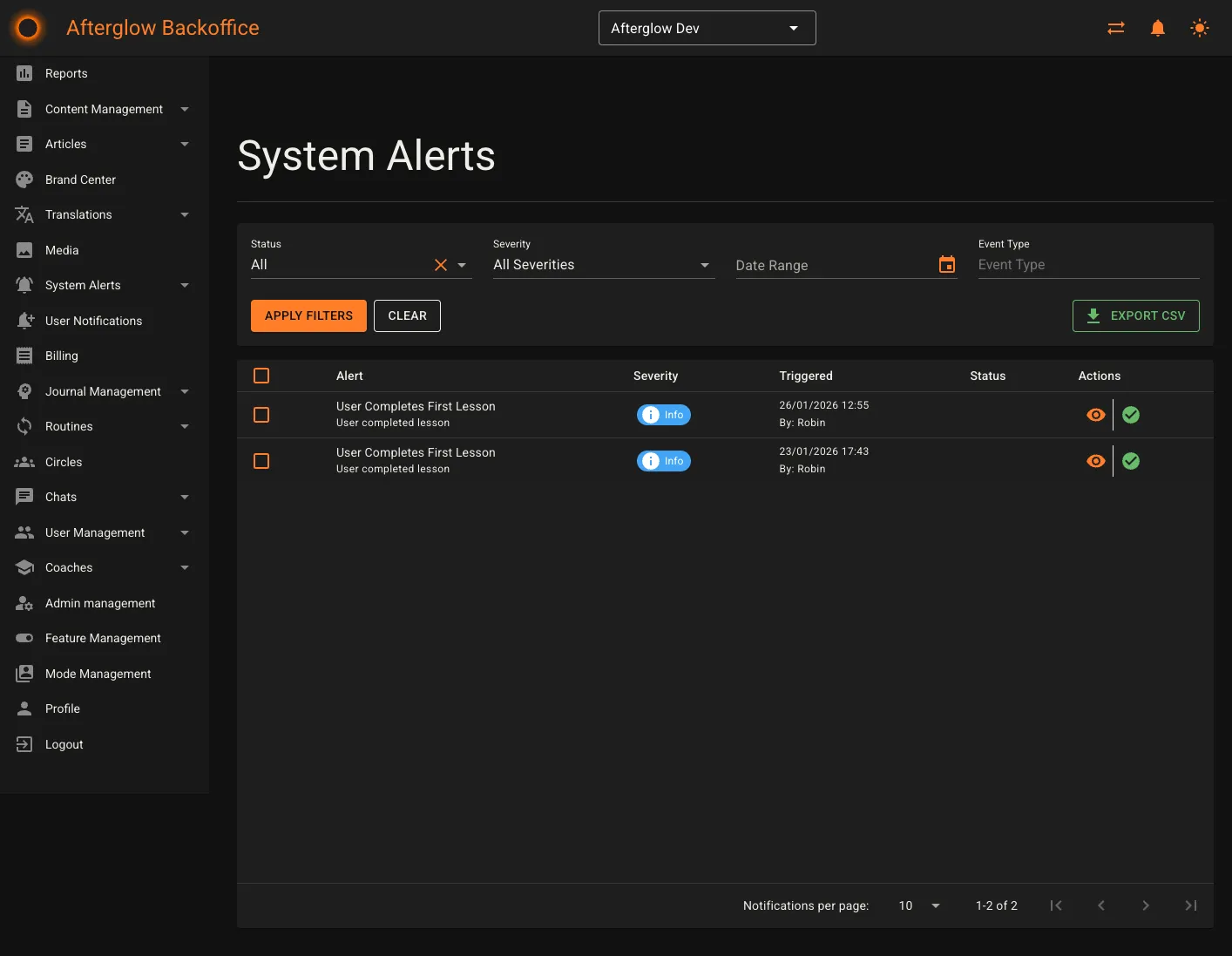 Alerts list with filters, severity badges, and action buttons
