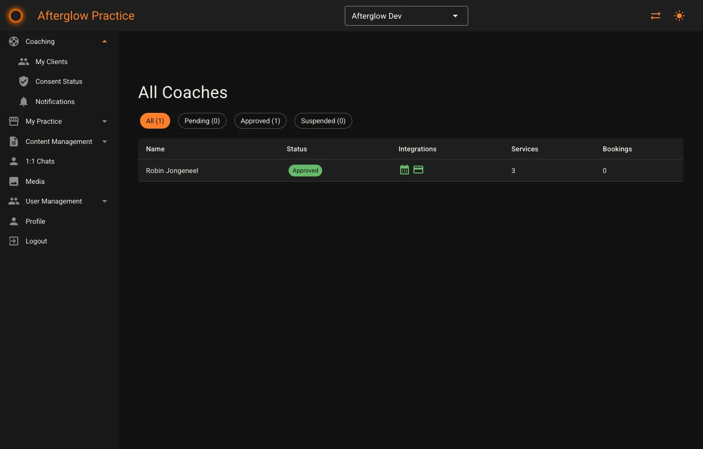 All Coaches page with status filter chips and coaches grid