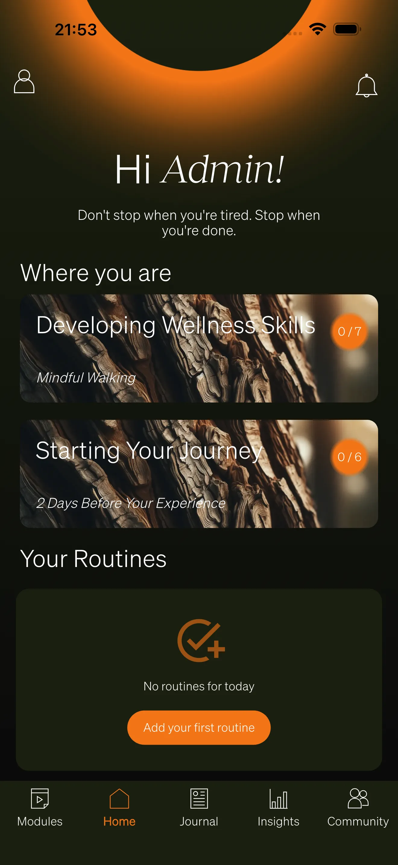 The Afterglow home screen showing the bottom navigation tabs and dashboard content.