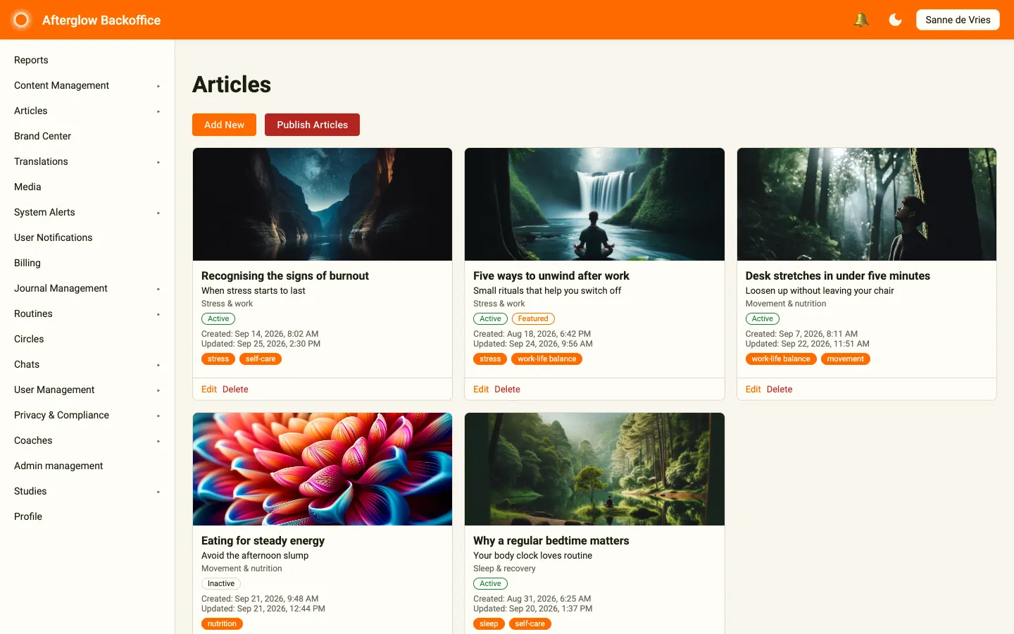 The Articles overview showing article cards with cover images, topics, status badges, dates, and tags