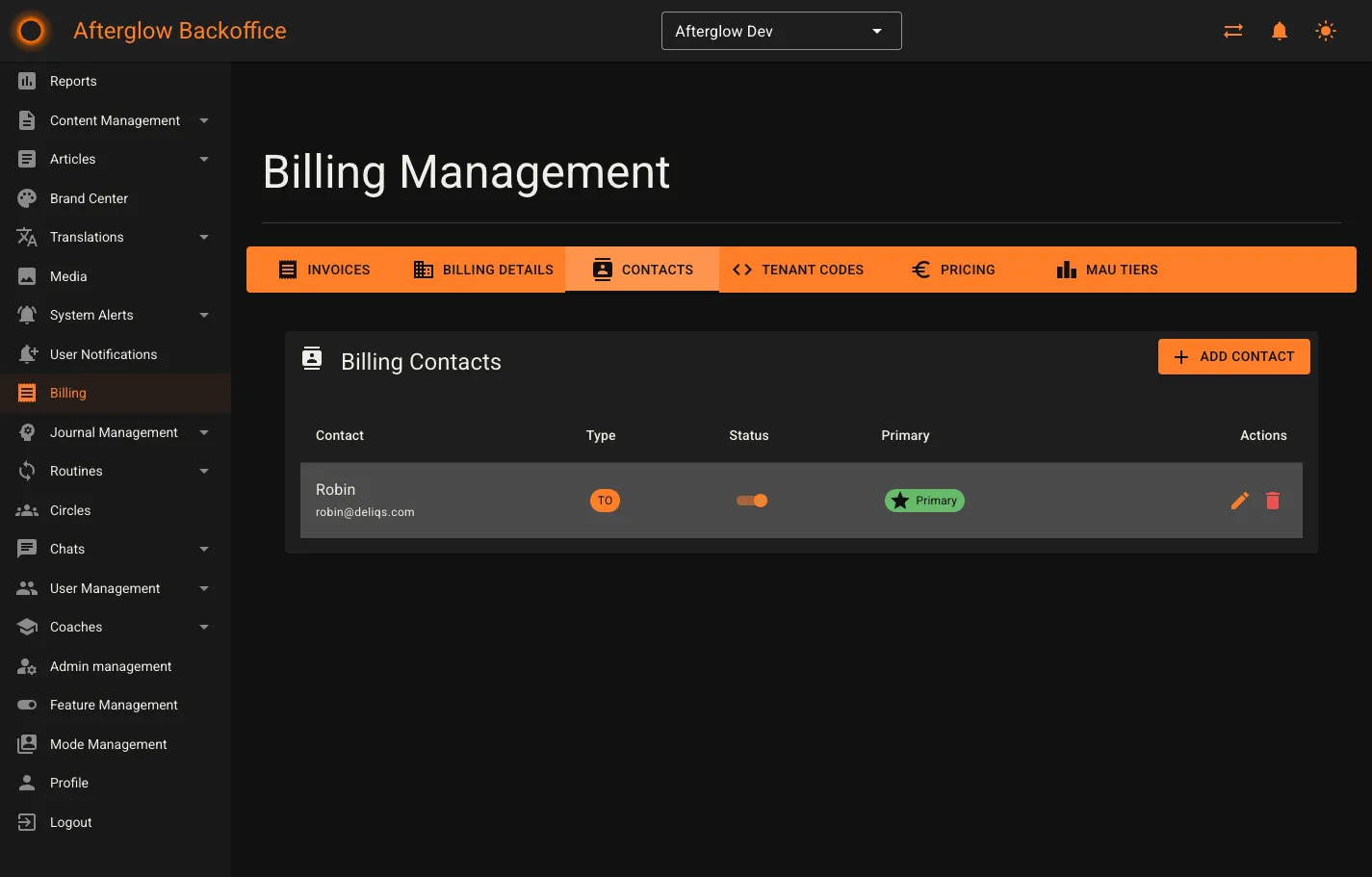 Billing contacts table with name, email, type, status, and primary badge