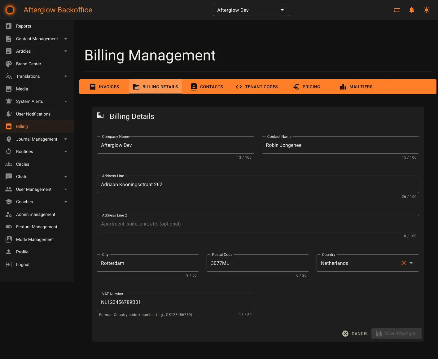 Billing details form with company name, address, and VAT number fields