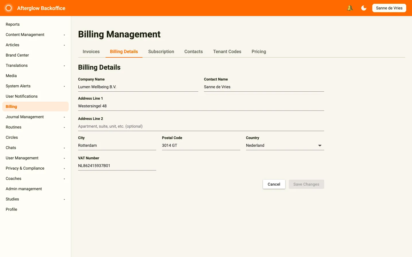 The Billing Details tab with company name, contact name, address, country and VAT number fields