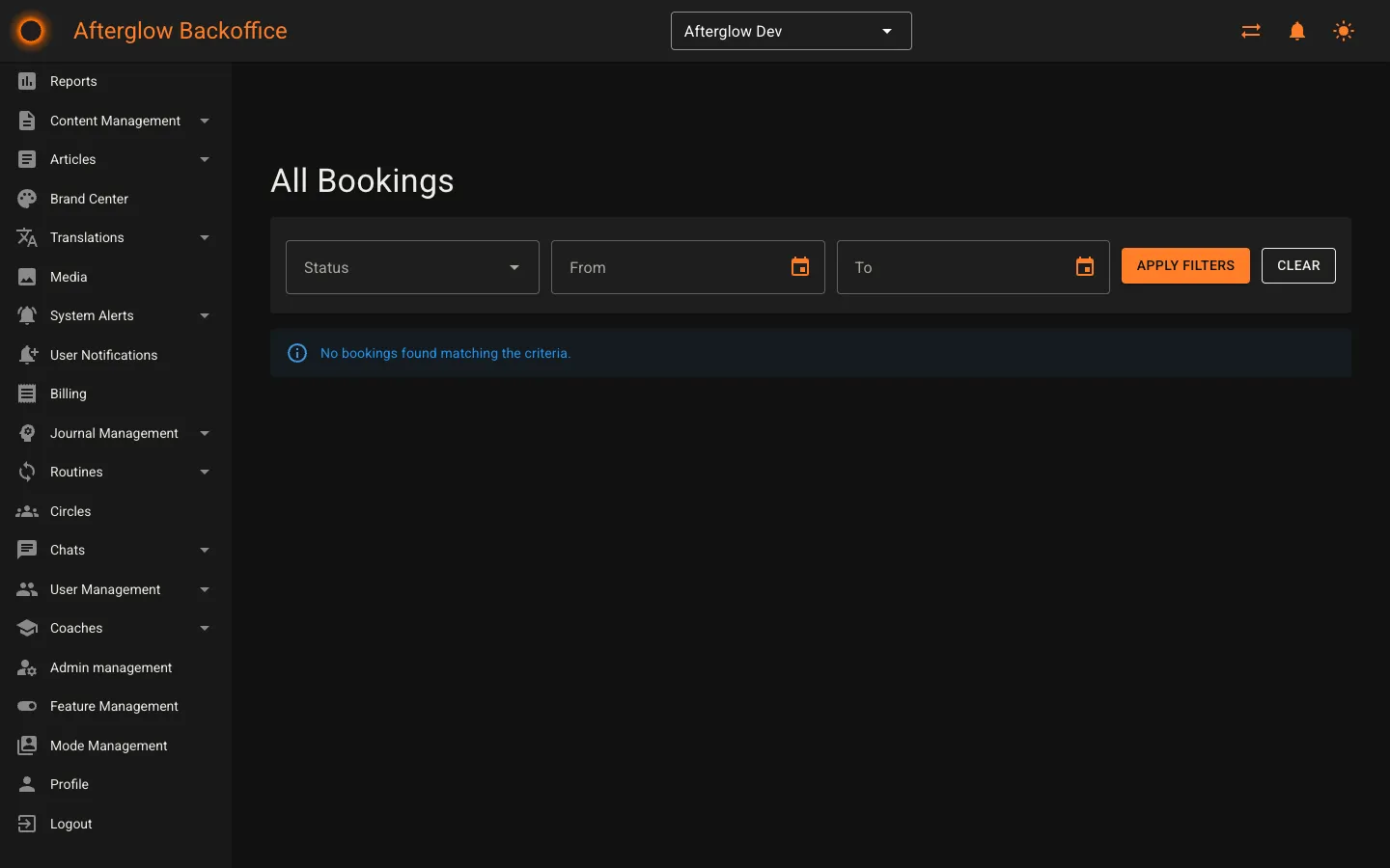 The All Bookings page showing status, date range filters, and the bookings table.