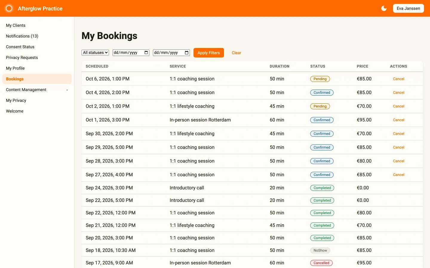 Bookings page with status and date range filters above the bookings table