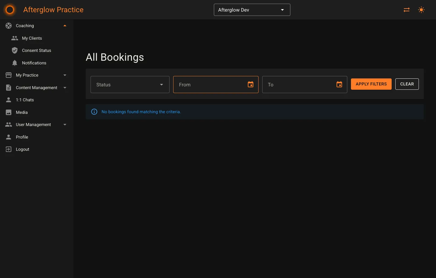 Bookings page with status, date range filters and booking grid