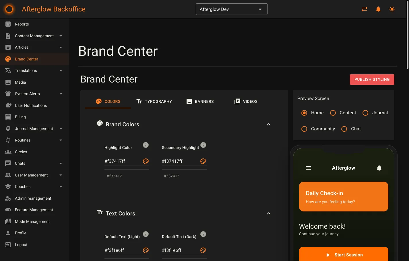 Brand Center showing color customization with phone preview