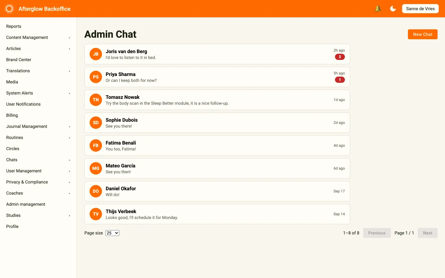 The Admin Chat page showing 1 conversations with avatars, names, message previews, times and unread badges.