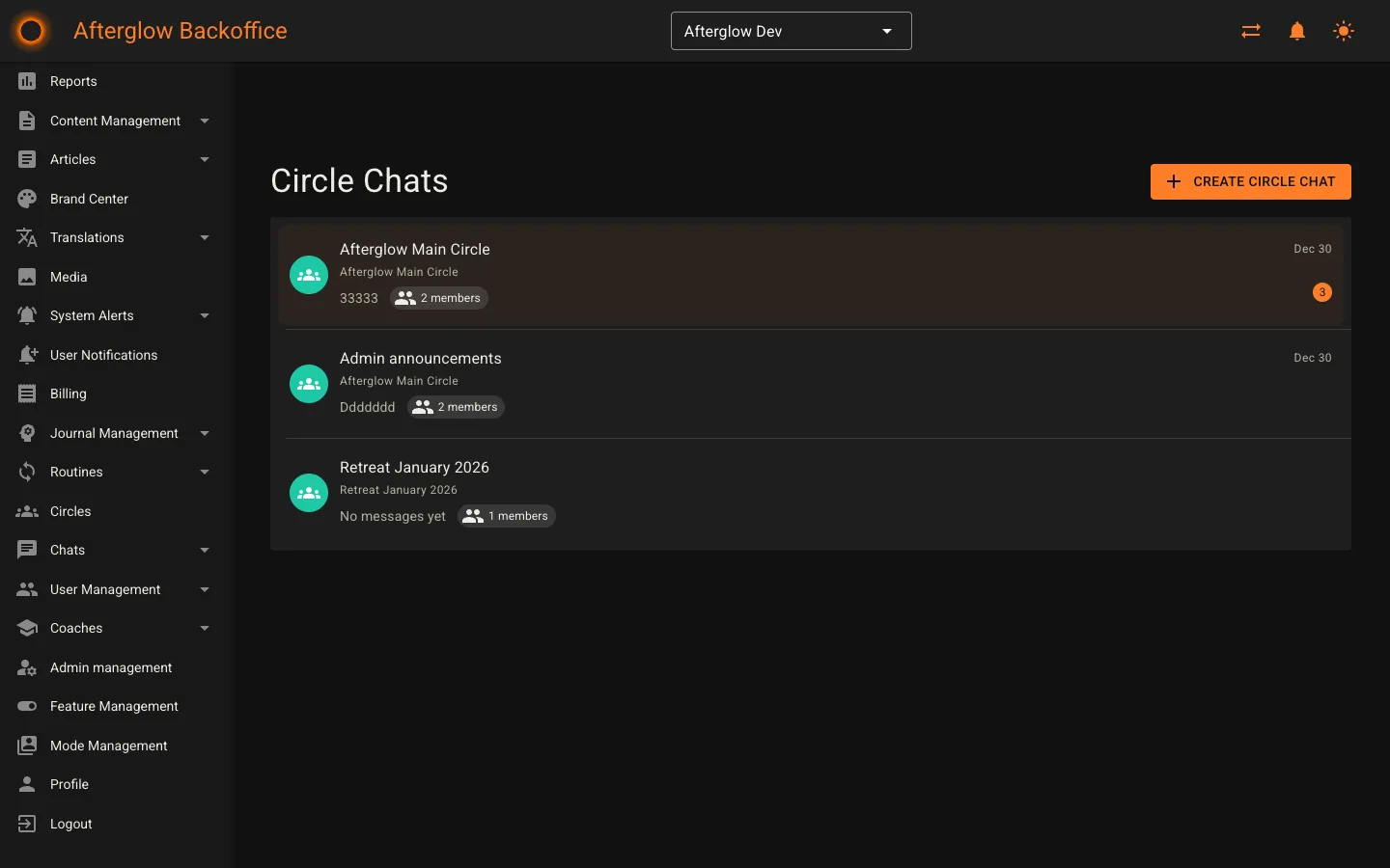 The Circle Chats page showing group conversations with circle names, member counts, and message previews.