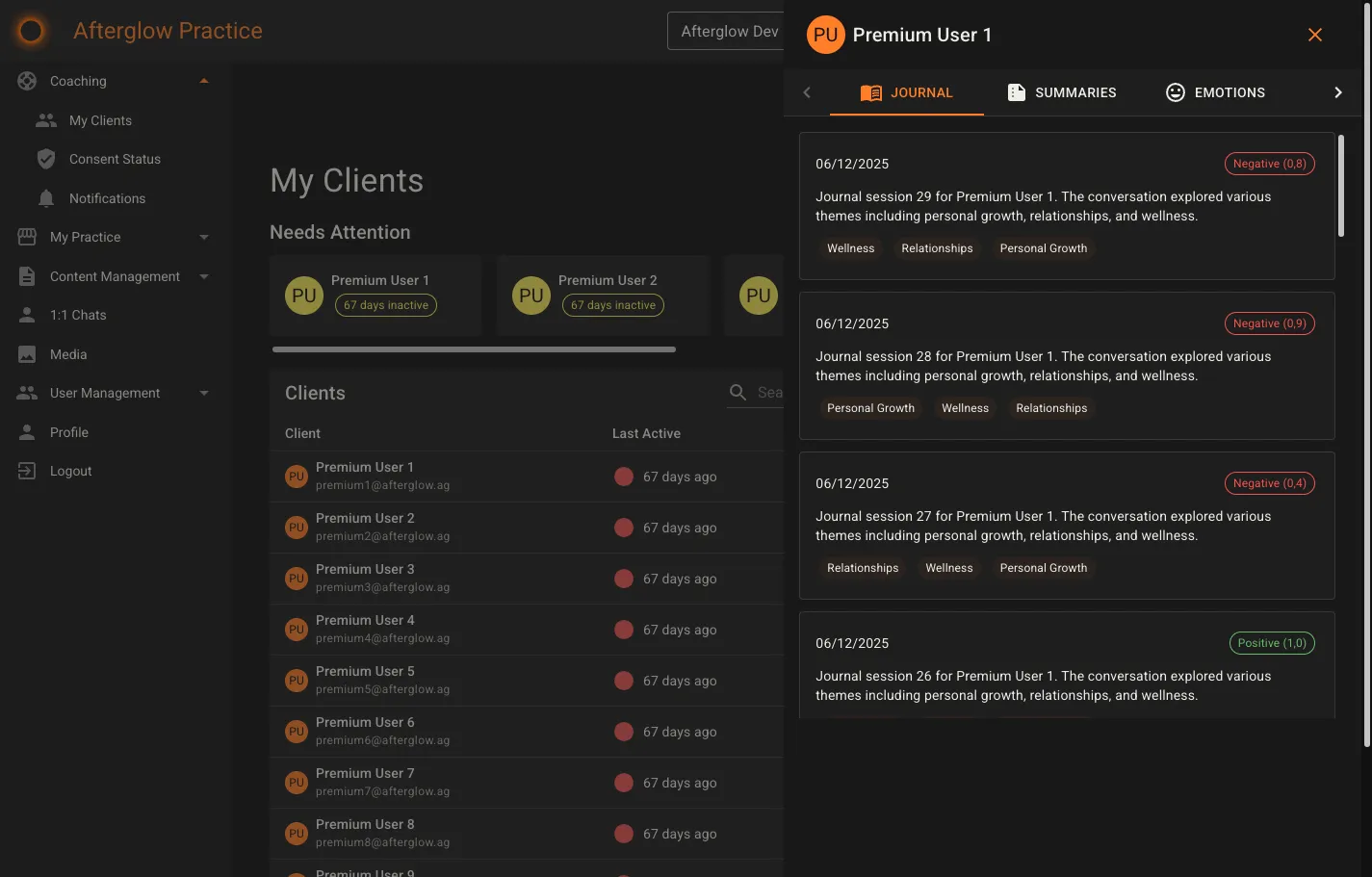 Client detail panel showing journal entries with sentiment chips and theme tags