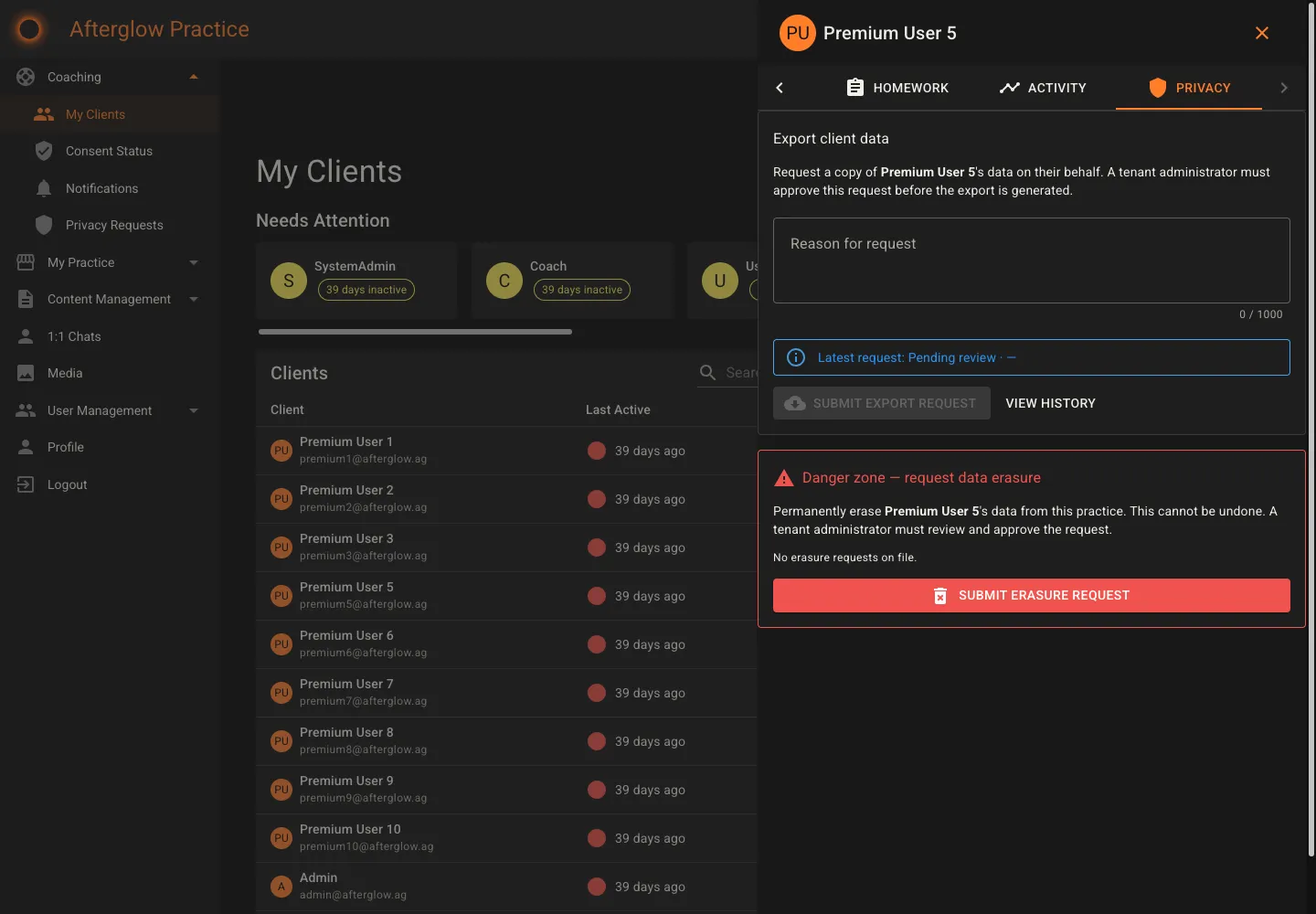 Privacy tab on the client detail panel showing export and erasure actions