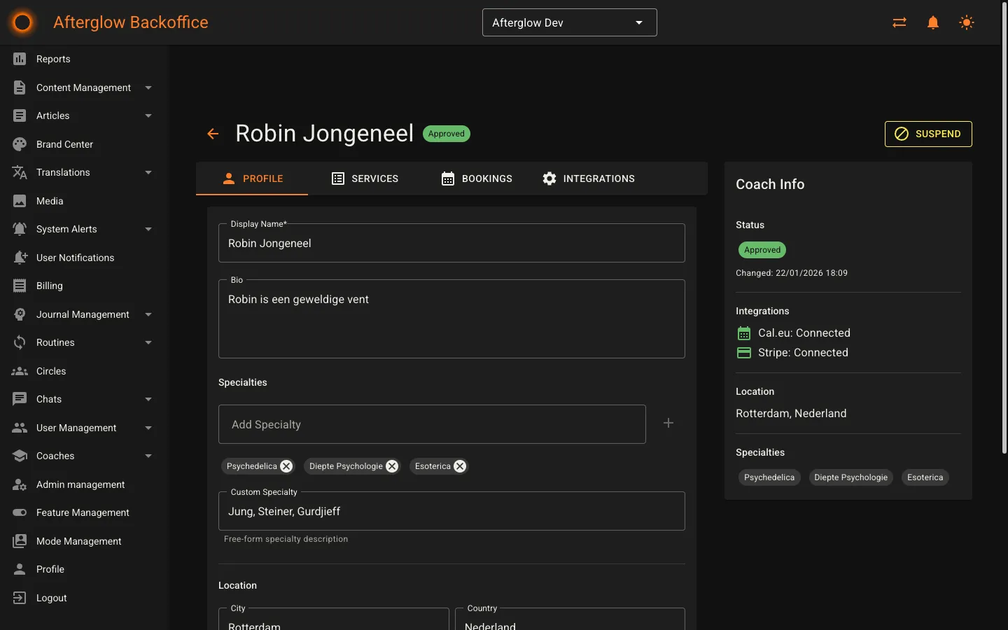 The coach detail page showing the Profile tab with display name, bio, specialties, and a Coach Info sidebar.
