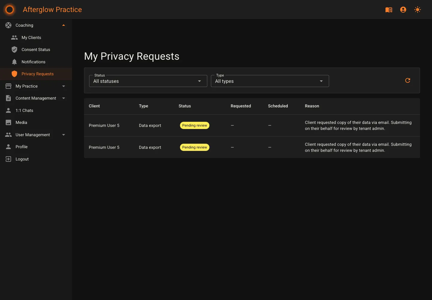 Coach view of filed privacy proposals with status chips