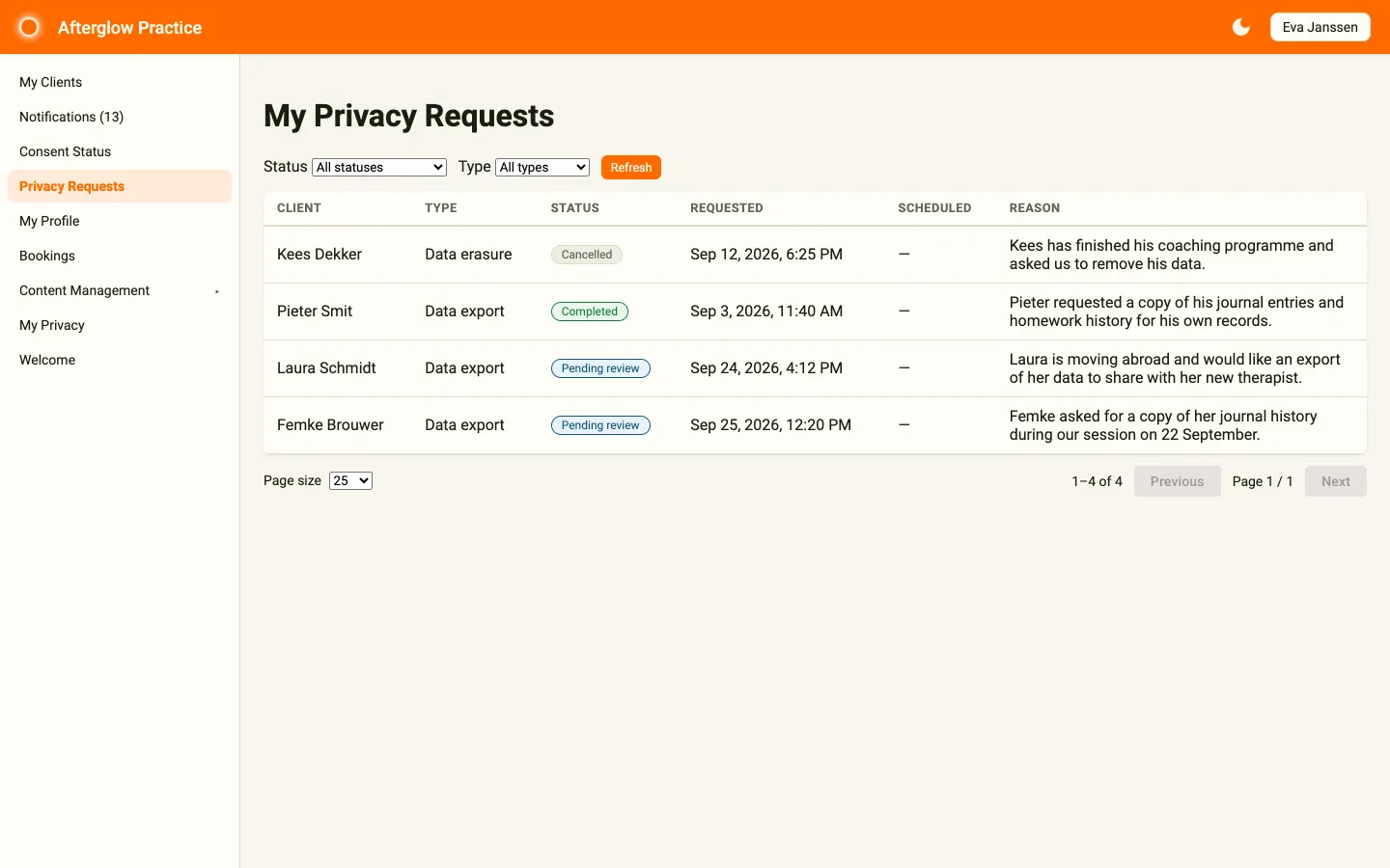 Coach view of filed privacy proposals with status chips