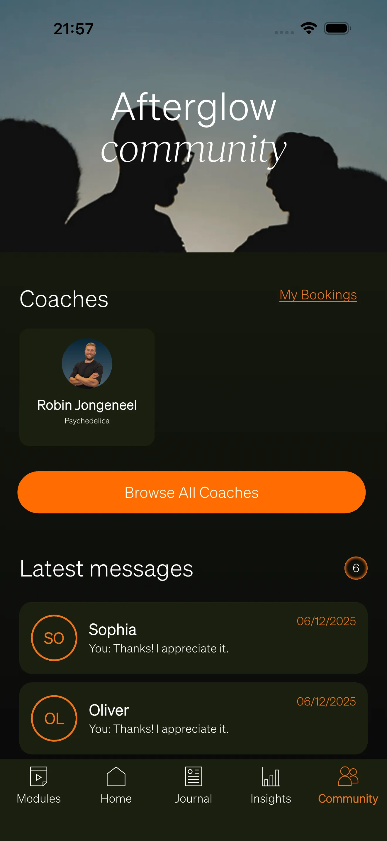 The Community tab showing a featured article, connected people, and recent messages.