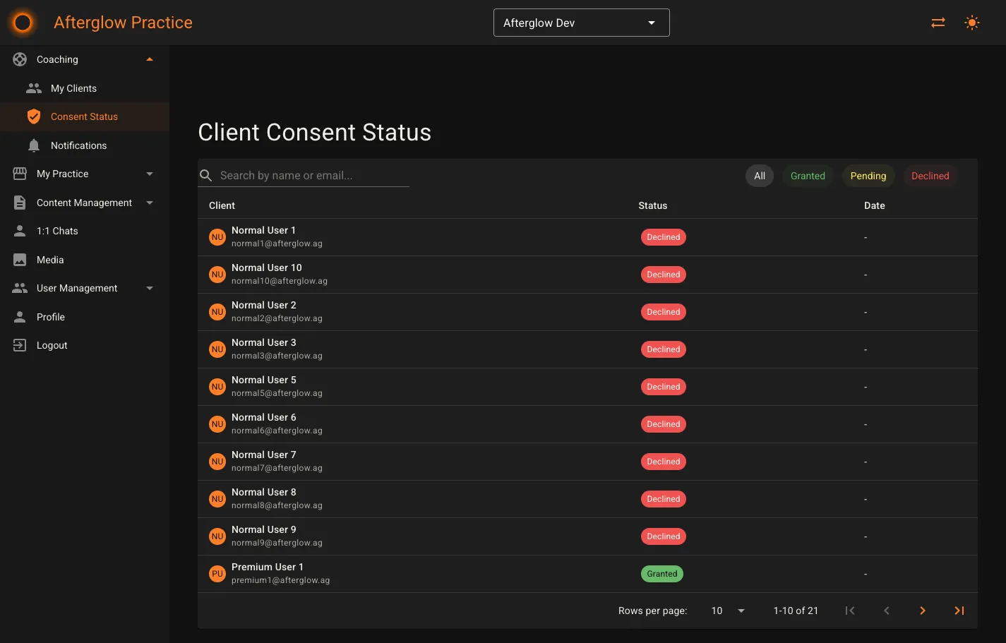 Consent Status page with filter chips and consent table
