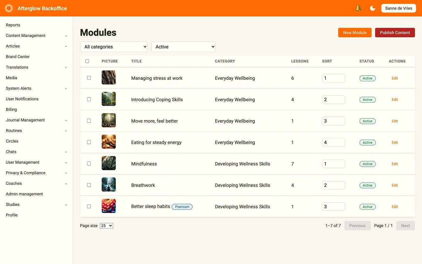 The Modules page listing modules with their picture, category, lesson count, sort order, and status