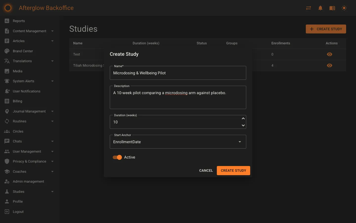 The Create Study dialog with name, description, duration and start anchor fields