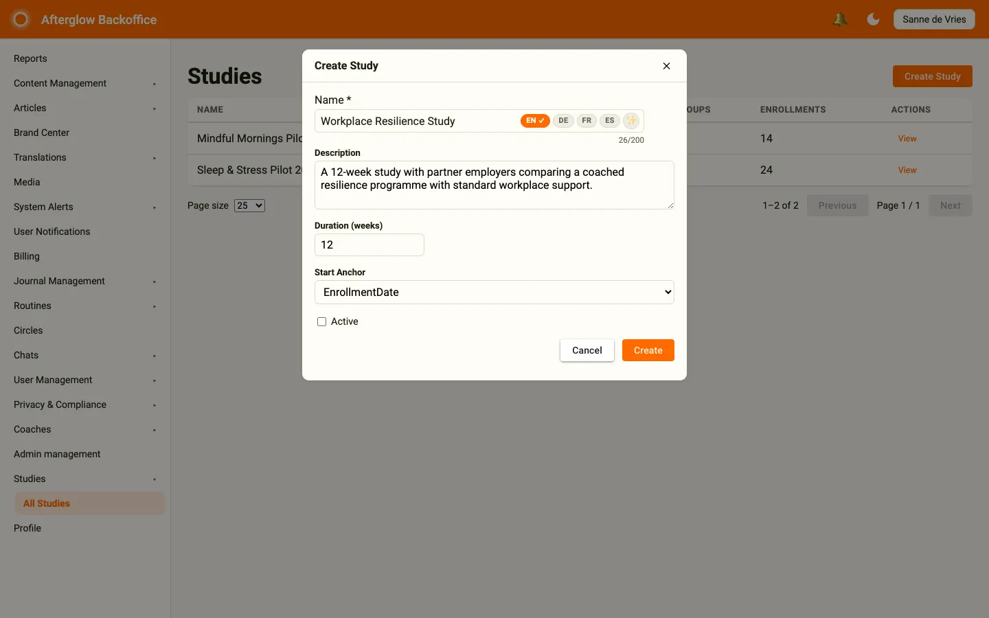 The Create Study dialog with name, description, duration and start anchor fields
