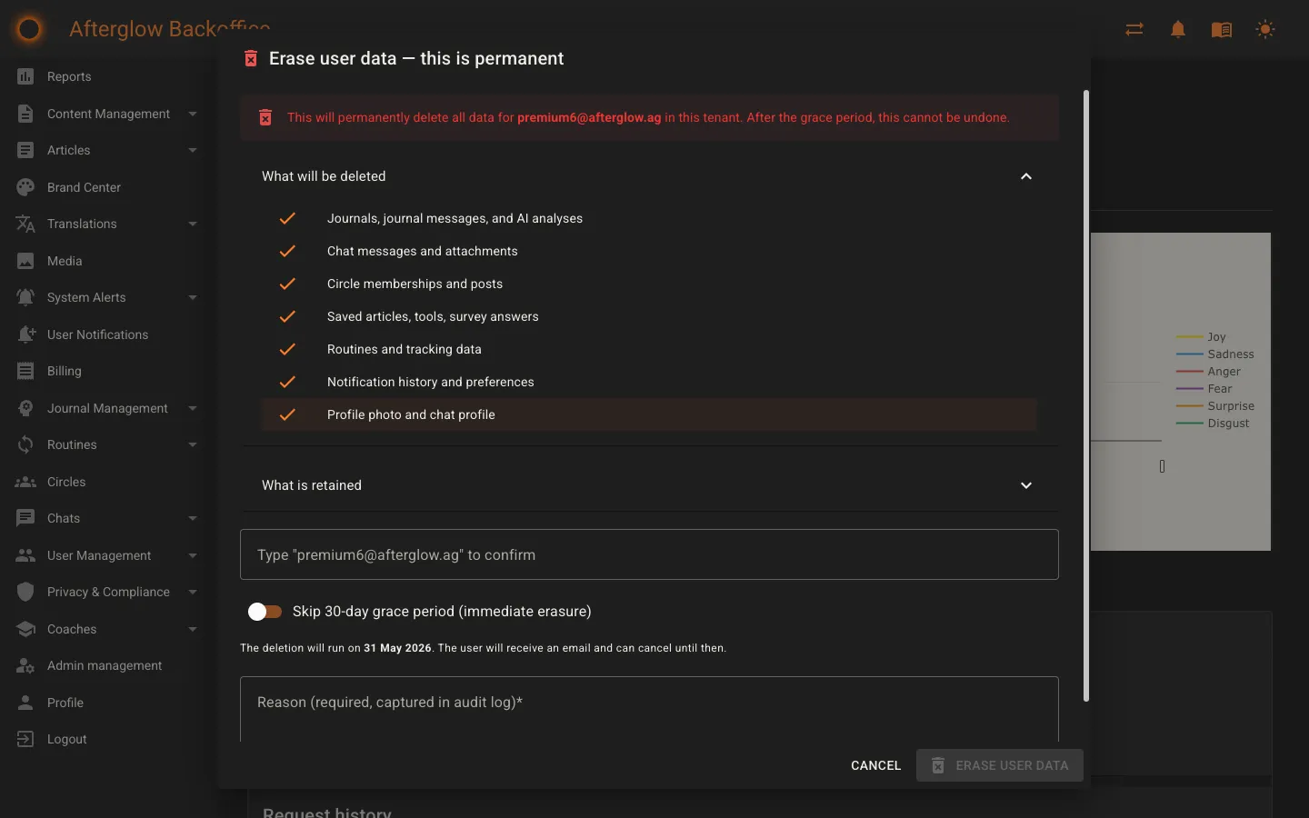 Erasure confirmation dialog with type-to-confirm field and skip-grace toggle