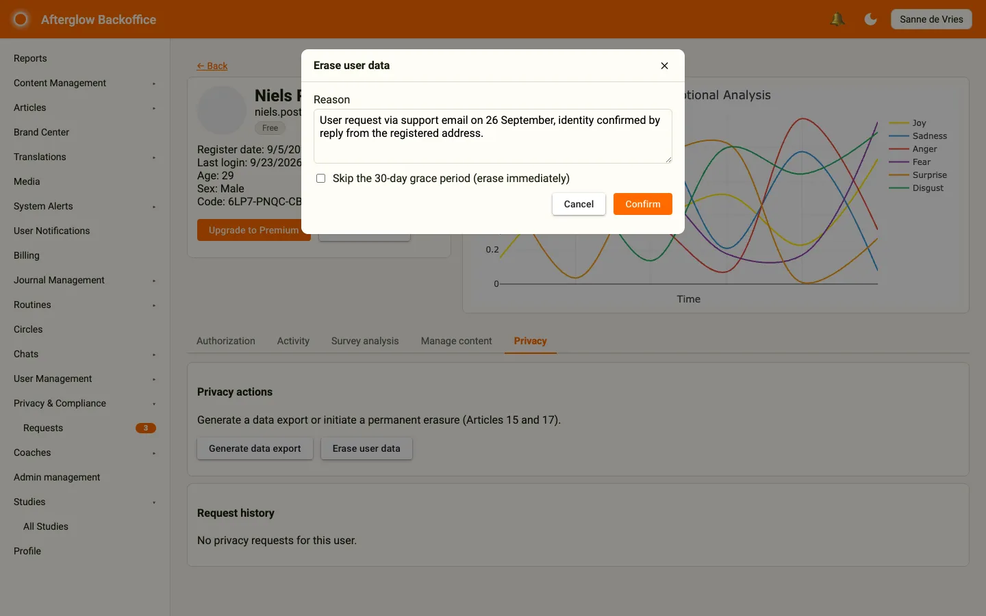 The Erase user data dialog with the reason field and the skip-grace checkbox