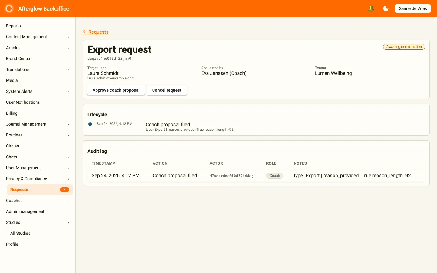 An export request filed by a coach, awaiting admin confirmation, with the Approve coach proposal and Cancel request buttons