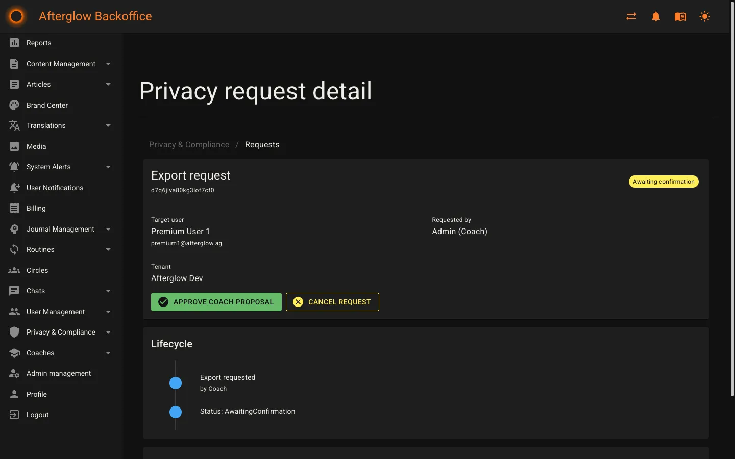 Export request awaiting admin confirmation
