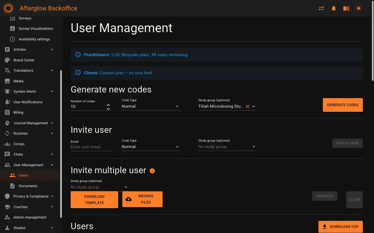 The Generate new codes section with a study group selected