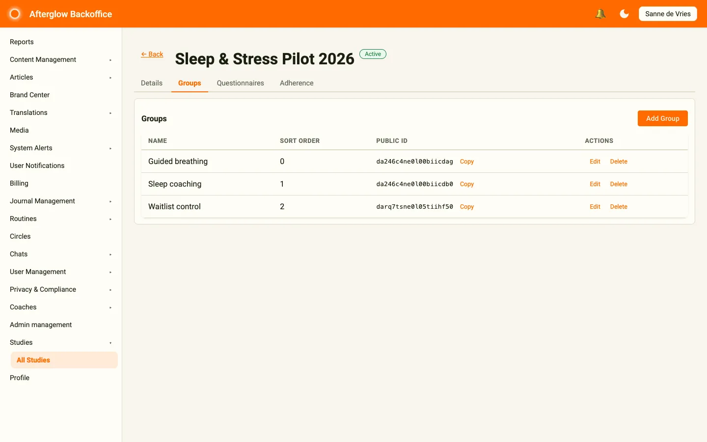 A study’s Groups tab listing participant groups with their copyable group IDs