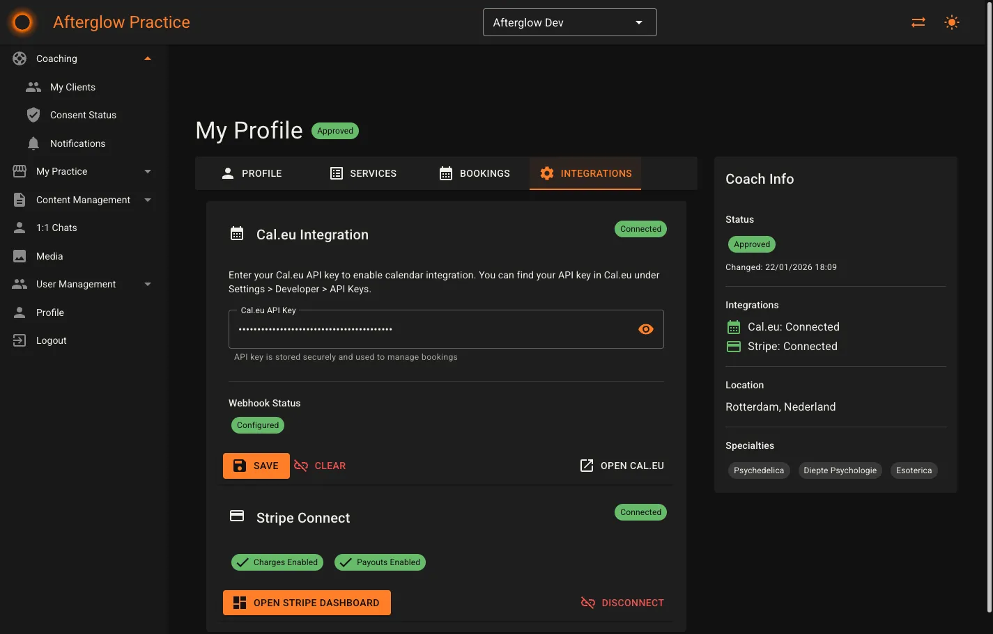 Integrations tab showing Cal.eu and Stripe Connect cards