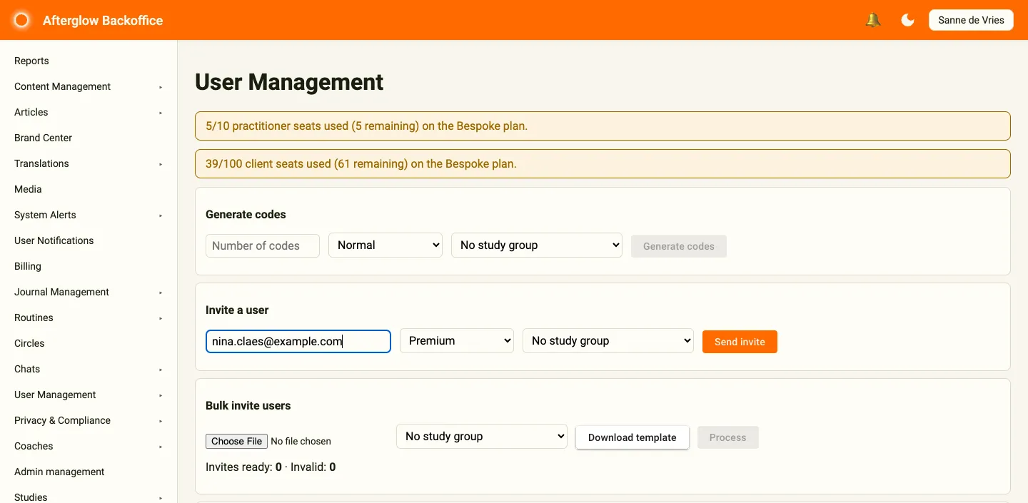 The top of the User Management page with the seat banners and the Invite a user form filled in, next to its study group selector