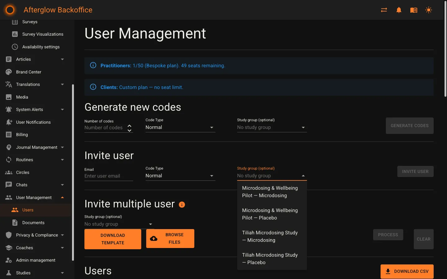 The Invite user form with the Study group dropdown showing study-group options