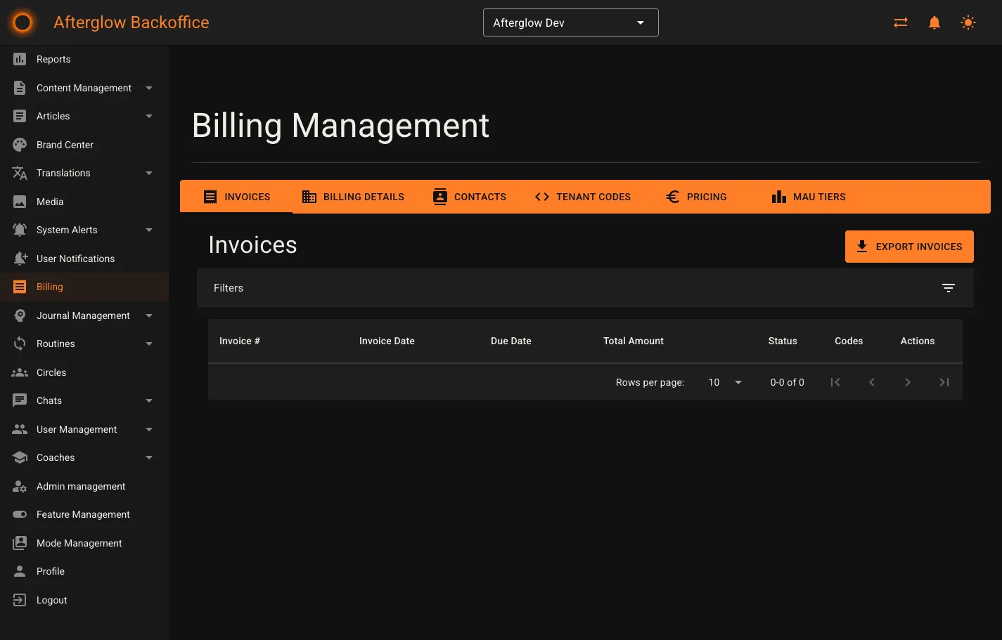 Invoices tab with data grid, export button, and collapsible filters