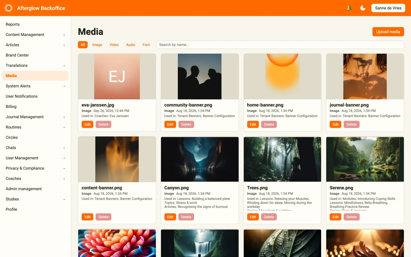 The Media page showing the Upload media button, the type filters and search field, and the file library grid.
