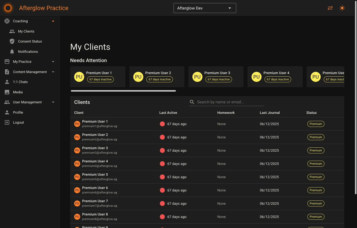 My Clients page showing Needs Attention cards and the client table