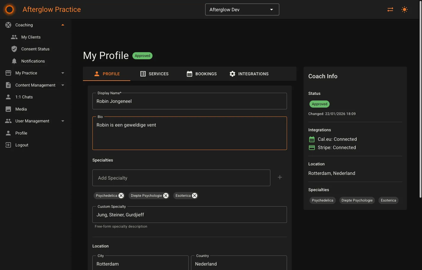 My Profile page showing the Profile tab and Coach Info sidebar