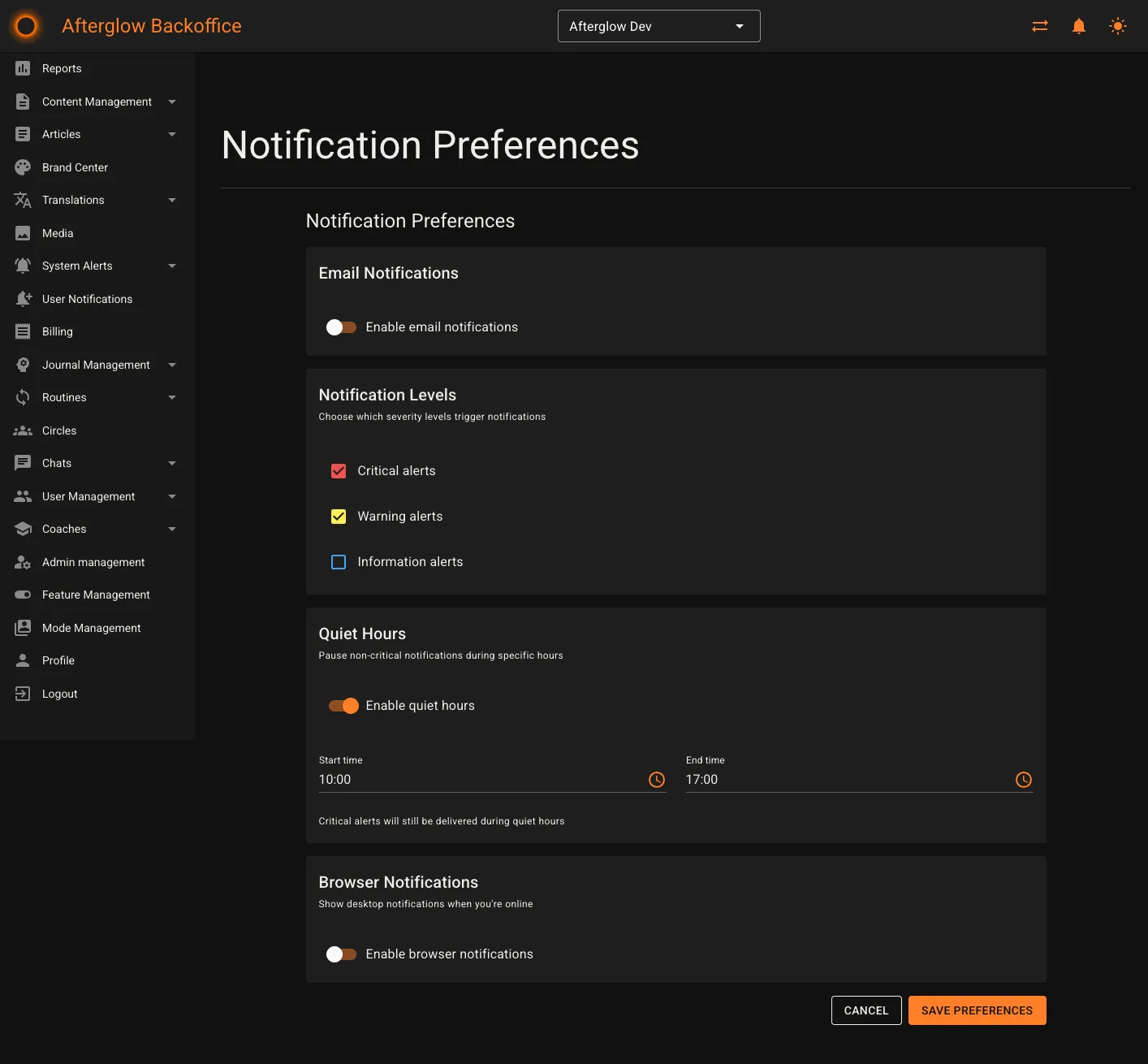 Notification preferences with email, severity levels, quiet hours, and browser settings