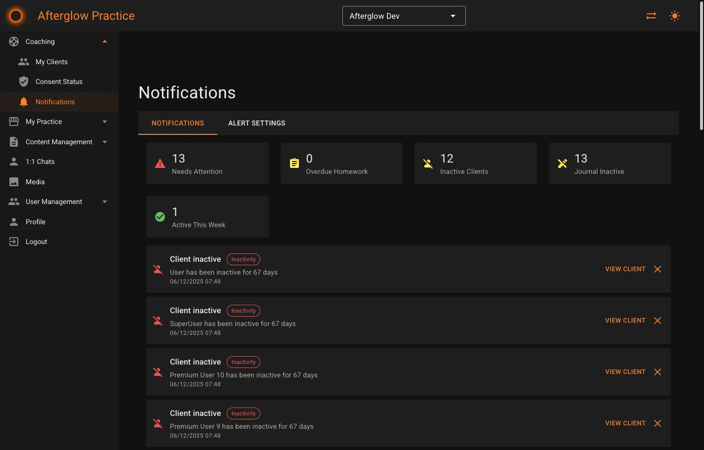 Notifications page with stats grid and alert list
