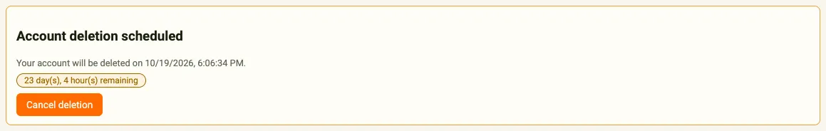 Pending erasure countdown card with cancel button
