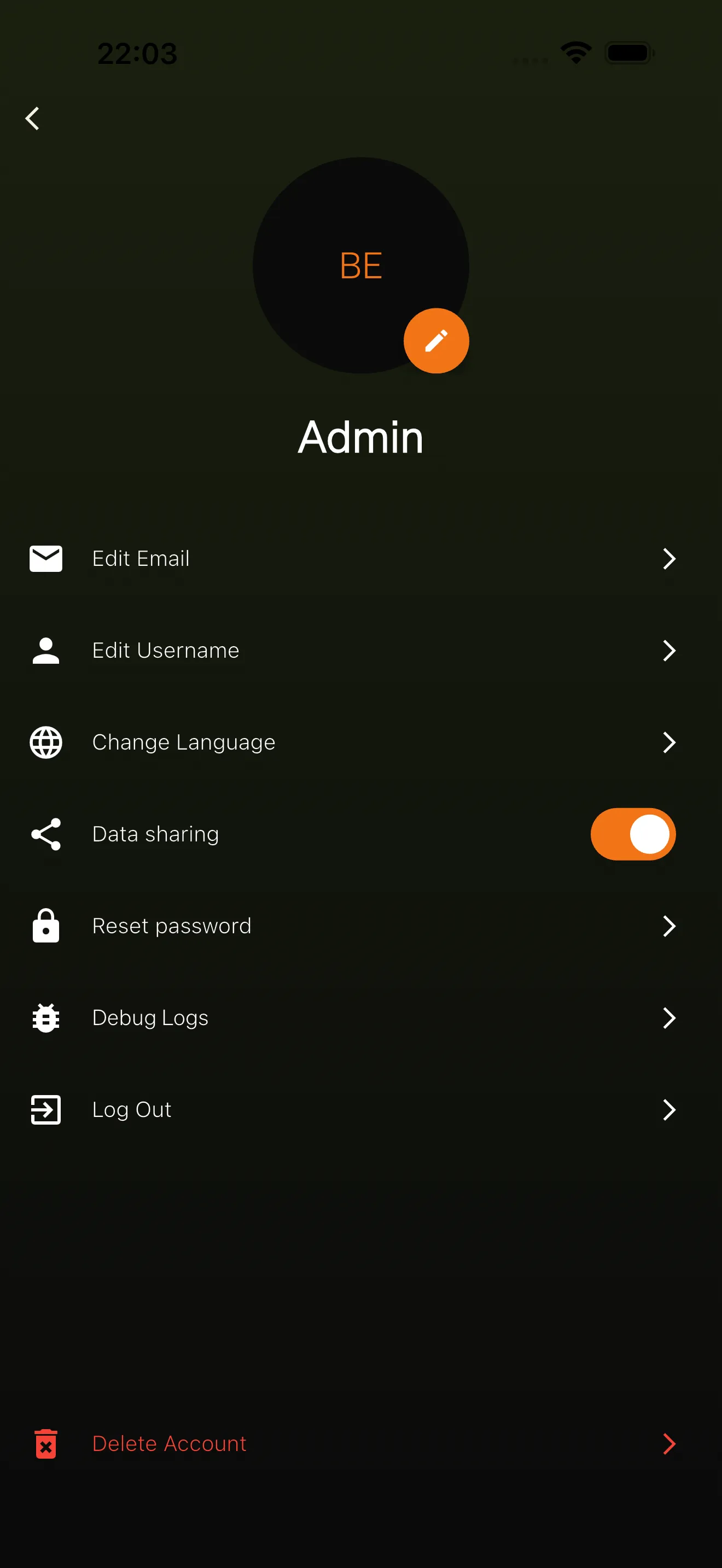 The profile page showing the user's avatar, username, and a list of menu options.