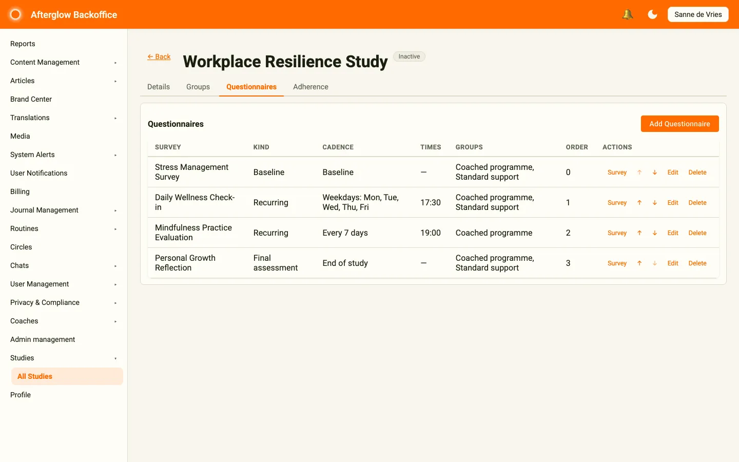 A study’s Questionnaires tab listing questionnaires with their kind, cadence and assigned groups.