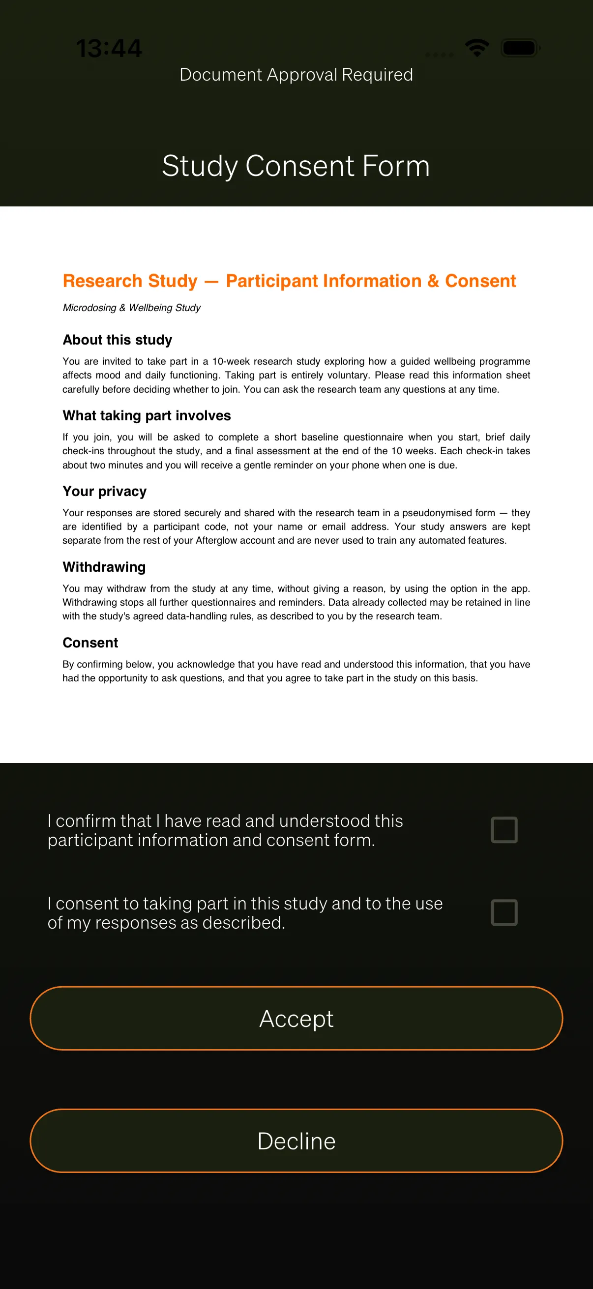 The study consent screen showing the consent document, the read-confirmation and consent checkboxes, and the Accept and Decline buttons.