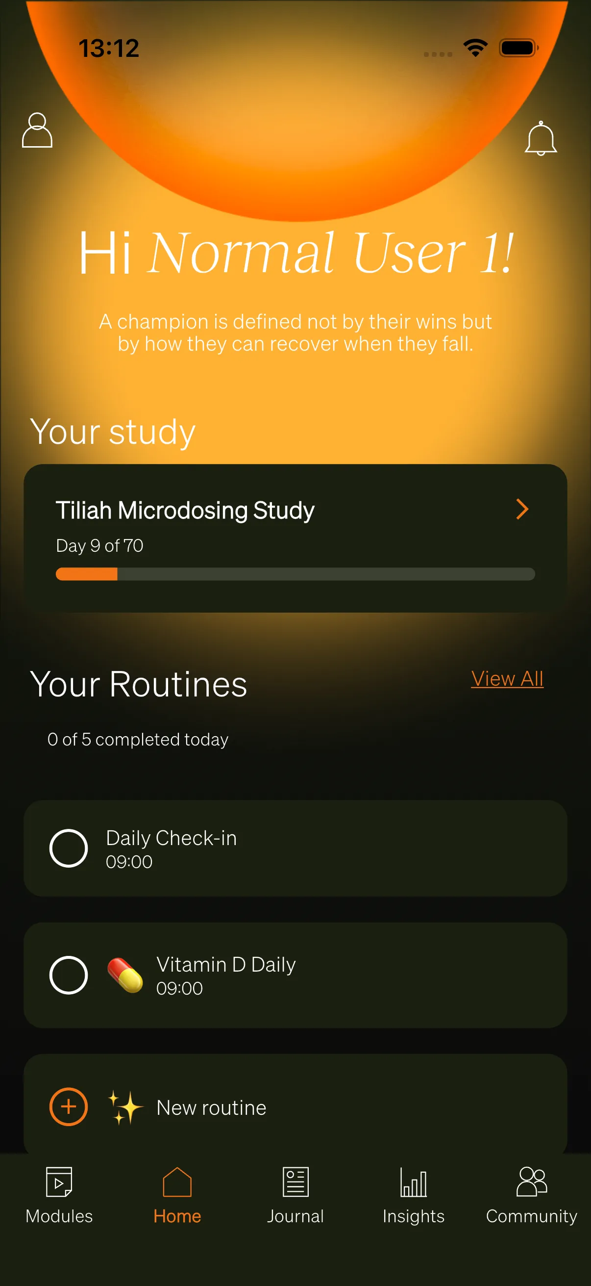 The Home tab showing the "Your study" card with day progress.