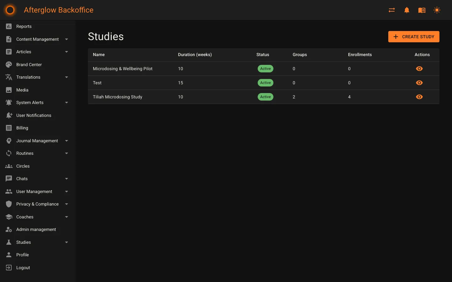 The Studies list showing several studies with their status, group and enrollment counts