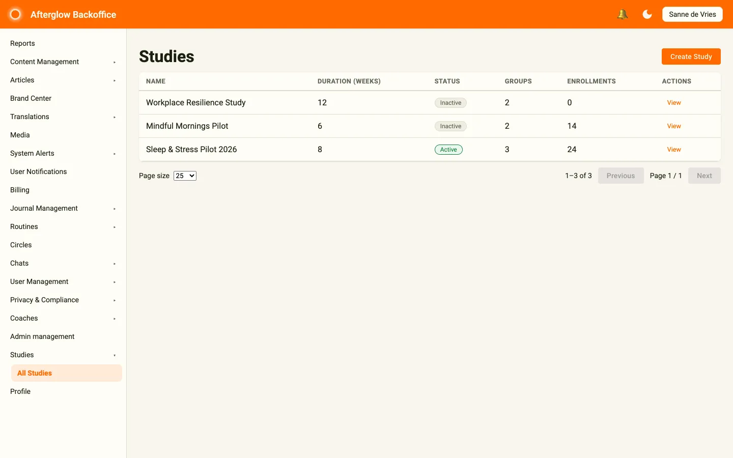 The Studies list showing several studies with their status, group and enrollment counts
